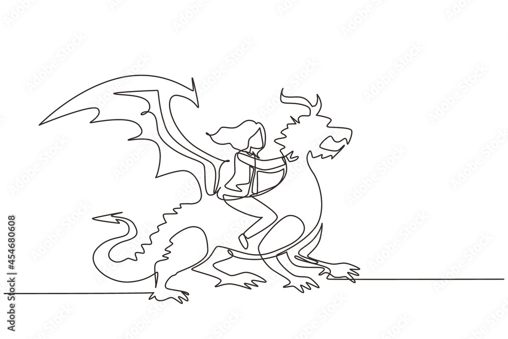 Single one line drawing businesswoman riding dragon. Conquering adversity, courage, victory, leadership in business. Professional entrepreneur. Continuous line draw design graphic vector illustration Single one line drawing businesswoman riding dragon. Conquering adversity, courage, victory, leadership in business. Professional entrepreneur. Continuous line draw design graphic vector illustration