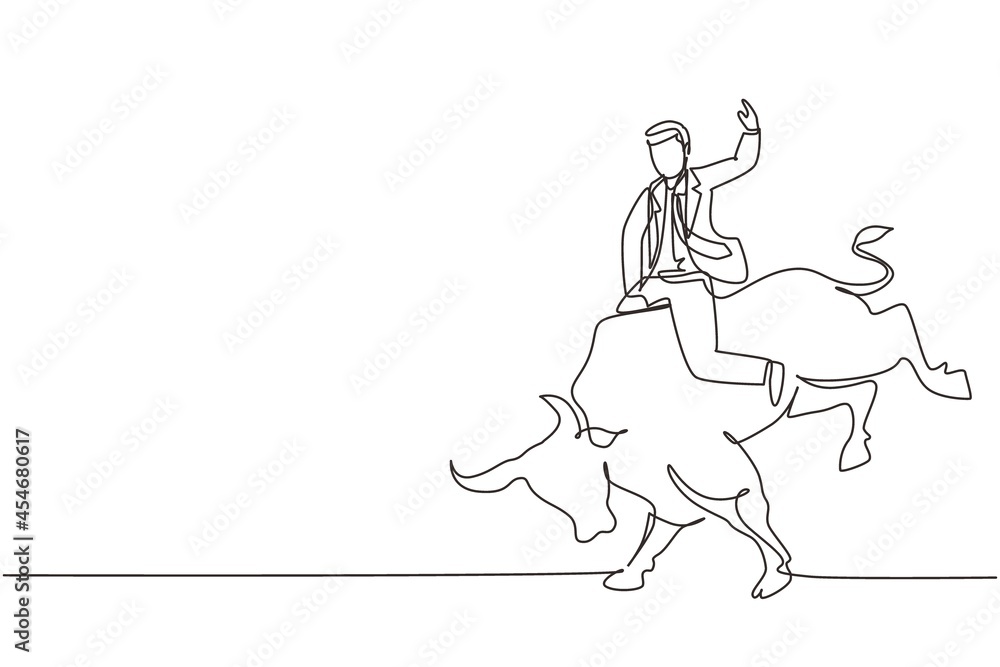 Continuous one line drawing businessman riding unicorn bull. Investment, bullish stock market trading, rising bonds trend. Successful business man. Single line draw design vector graphic illustration Continuous one line drawing businessman riding unicorn bull. Investment, bullish stock market trading, rising bonds trend. Successful business man. Single line draw design vector graphic illustration