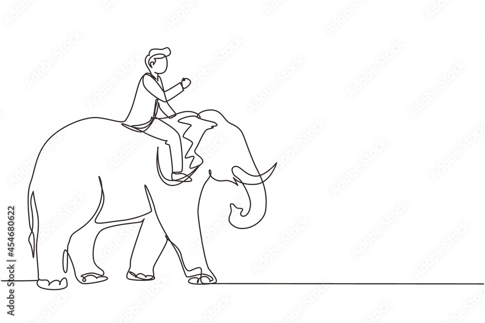 Single one line drawing businessman riding elephant symbol of success. Business metaphor concept, looking at the goal, achievement, leadership. Continuous line draw design graphic vector illustration Single one line drawing businessman riding elephant symbol of success. Business metaphor concept, looking at the goal, achievement, leadership. Continuous line draw design graphic vector illustration