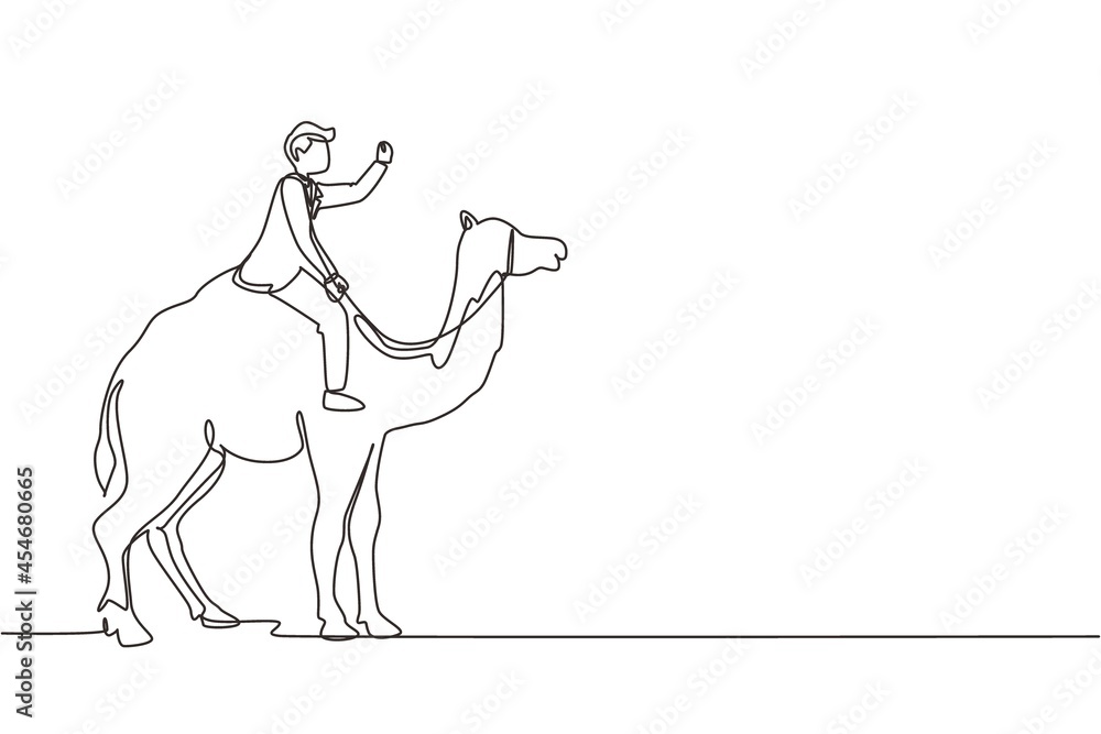 Fototapeta premium Continuous one line drawing Arabian businessman riding camel. Investment, bullish stock market trading, rising bonds trend. Successful business man trader. Single line draw design vector graphic