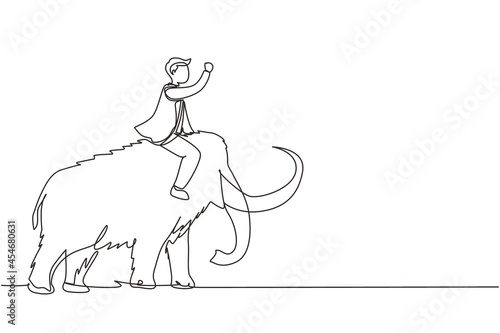 Single continuous line drawing businessman riding huge dangerous mammoth. Professional entrepreneur male character fight with predator. Successful business man. One line draw graphic design vector