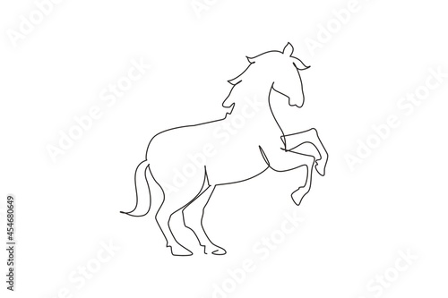 Single continuous line drawing proud white horse walks gracefully with its front hoof forward. Wild mustang gallops in free nature. Strong animal mascot. One line graphic design vector illustration