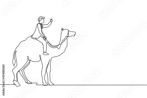 Continuous one line drawing Arabian businessman riding camel. Investment, bullish stock market trading, rising bonds trend. Successful business man trader. Single line draw design vector graphic