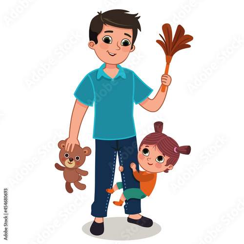 Vector illustration of little girl hugging her father's leg.