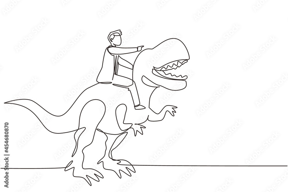 Fototapeta premium Single continuous line drawing brave businessman riding huge dangerous tyrannosaurus. Professional entrepreneur male character fight with predator. One line draw graphic design vector illustration