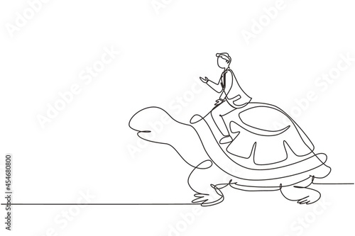Continuous one line drawing businessman riding huge turtle. Slow movement to success, manager driving giant tortoise. Business competition concept. Single line draw design vector graphic illustration