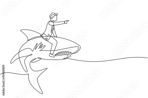 Continuous one line drawing brave businessman riding huge dangerous shark. Professional entrepreneur male character fight with predator. Successful business man. Single line draw design vector graphic