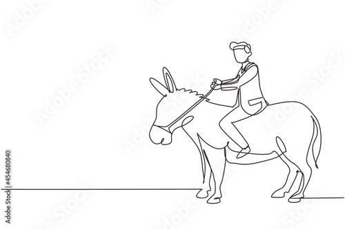 Single one line drawing businessman riding a donkey. Business man rides donkey. Driving donkey. Goal achievement concept. Business competition. Continuous line draw design graphic vector illustration