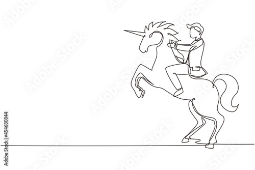 Single continuous line drawing businessman riding unicorn symbol of success. Business startup concept, looking at the goal, achievement, leadership. One line draw graphic design vector illustration
