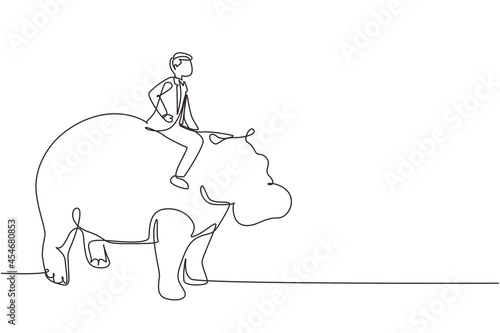 Wallpaper Mural Single continuous line drawing businessman riding hippopotamus symbol of success