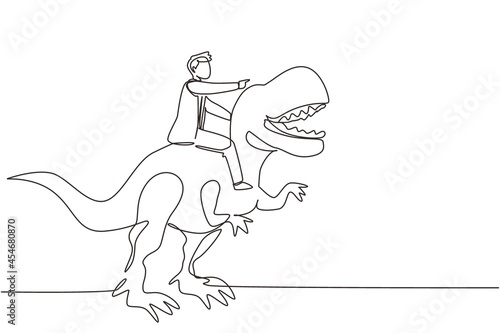 Single continuous line drawing brave businessman riding huge dangerous tyrannosaurus. Professional entrepreneur male character fight with predator. One line draw graphic design vector illustration
