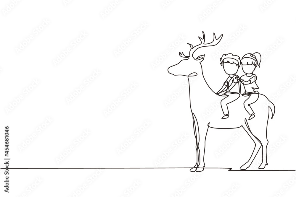 Continuous one line drawing happy boy and girl riding deer together. Children sitting on back deer with saddle in ranch ground. Kids learning to ride reindeer. Single line draw design vector graphic