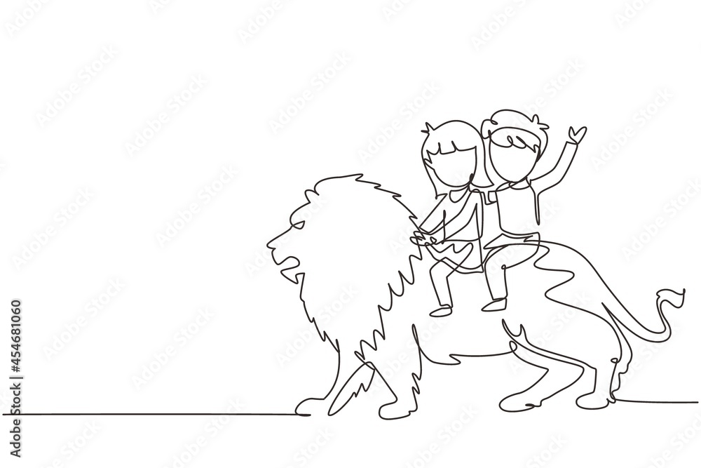 Continuous one line drawing little boy and girl riding lion together. Children sitting on back big lion at circus event. Kids learning to ride beast animal. Single line draw design vector graphic Continuous one line drawing little boy and girl riding lion together. Children sitting on back big lion at circus event. Kids learning to ride beast animal. Single line draw design vector graphic