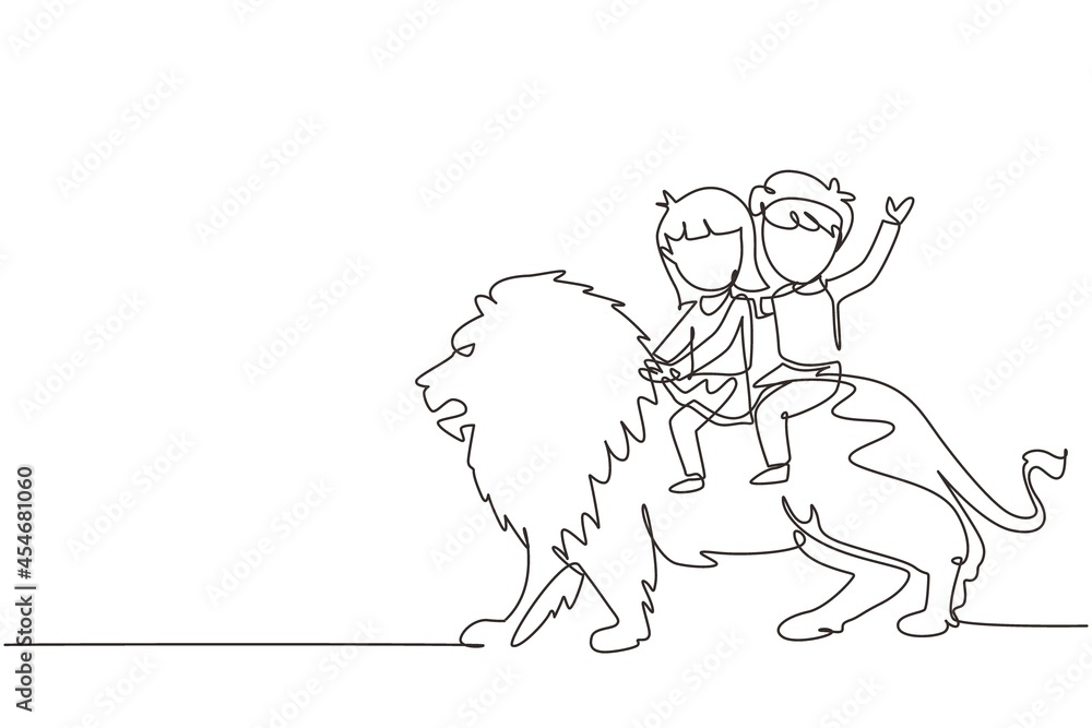 Continuous one line drawing little boy and girl riding lion together. Children sitting on back big lion at circus event. Kids learning to ride beast animal. Single line draw design vector graphic