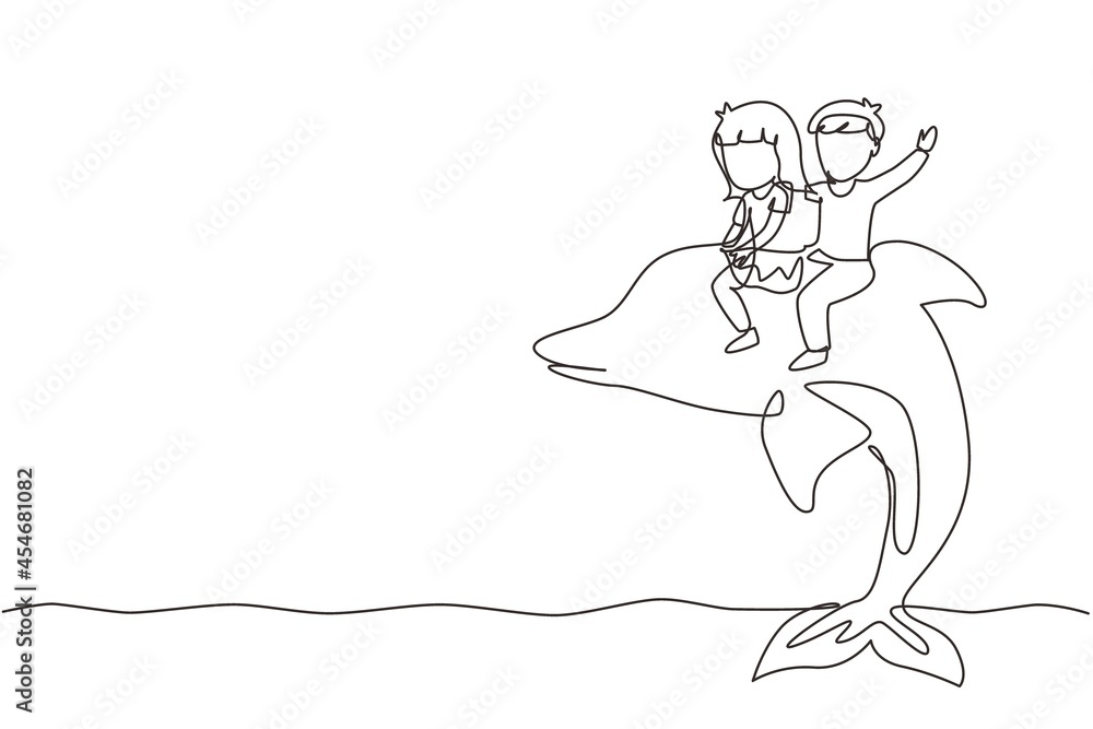 Single one line drawing little boy and girl riding dolphin together. Kids sitting on back dolphin in swimming pool. Children with dolphin swimming in water. Continuous line draw design graphic vector Single one line drawing little boy and girl riding dolphin together. Kids sitting on back dolphin in swimming pool. Children with dolphin swimming in water. Continuous line draw design graphic vector