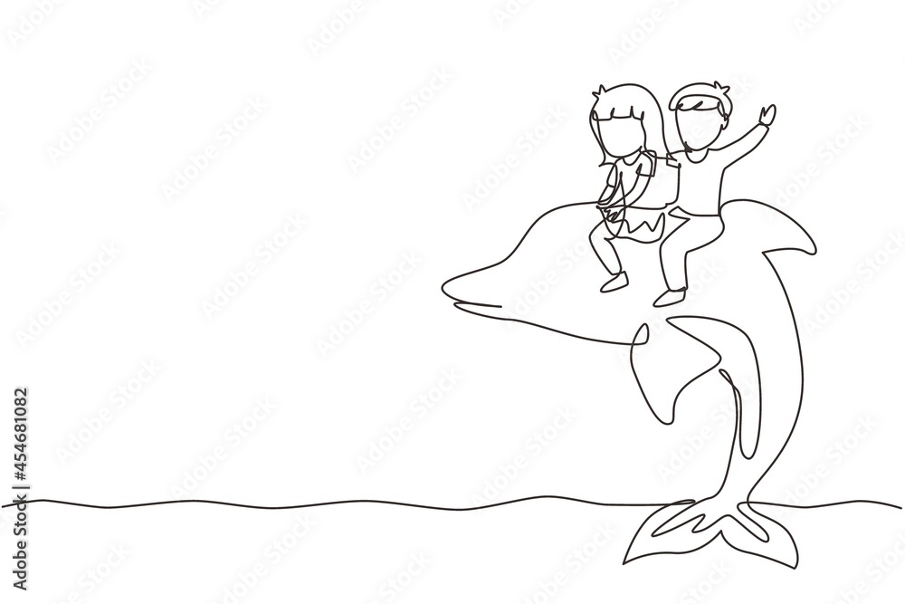 Single one line drawing little boy and girl riding dolphin together. Kids sitting on back dolphin in swimming pool. Children with dolphin swimming in water. Continuous line draw design graphic vector