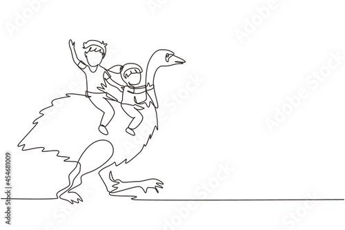 Continuous one line drawing happy little boy and girl riding cute ostrich together. Children sitting on back ostrich with holding its neck. Kid learning to ride ostrich. Single line draw design vector