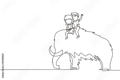 Continuous one line drawing little boy and girl caveman riding woolly mammoth together. Kids sitting on back of mammoth. Stone age children. Ancient human life. Single line draw design vector graphic
