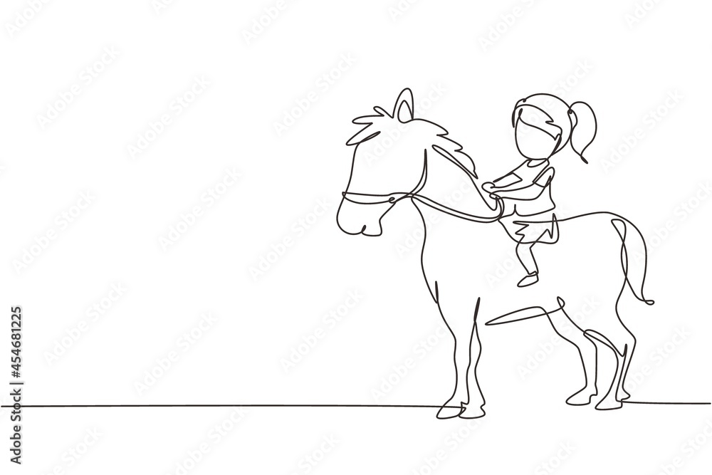 Single continuous line drawing happy cute girl riding cute horse. Child sitting on back horse with saddle in ranch park. Kids learning to ride horse. One line draw graphic design vector illustration Single continuous line drawing happy cute girl riding cute horse. Child sitting on back horse with saddle in ranch park. Kids learning to ride horse. One line draw graphic design vector illustration