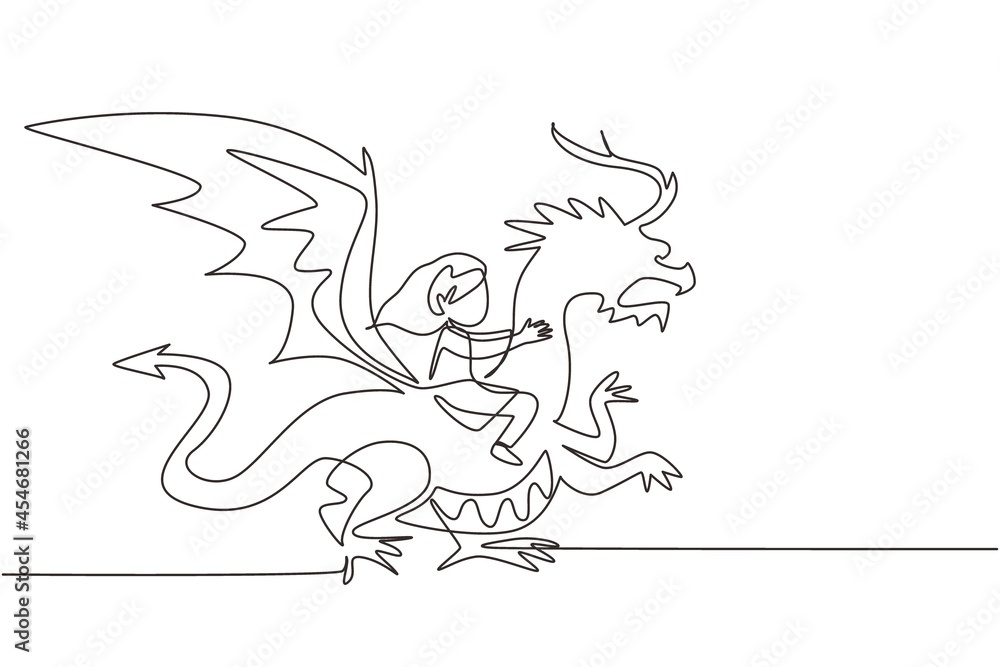 Single one line drawing happy little girl flying with fantasy dragon. Child fly and sitting on back dragon at the sky. Kids imaginary fairytale. Continuous line draw design graphic vector illustration Single one line drawing happy little girl flying with fantasy dragon. Child fly and sitting on back dragon at the sky. Kids imaginary fairytale. Continuous line draw design graphic vector illustration