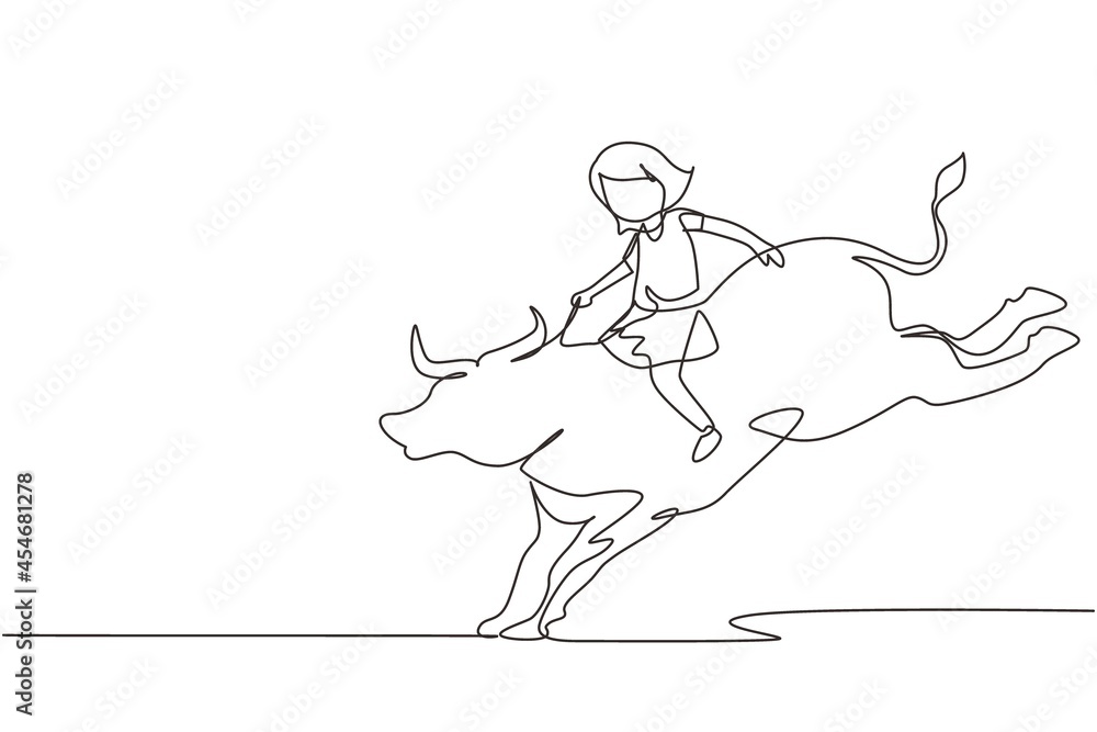Continuous one line drawing happy cute kid girl riding bull. Child sitting on back bull with saddle in cowboy ranch. Kids learning to ride bull. Single line draw design vector graphic illustration