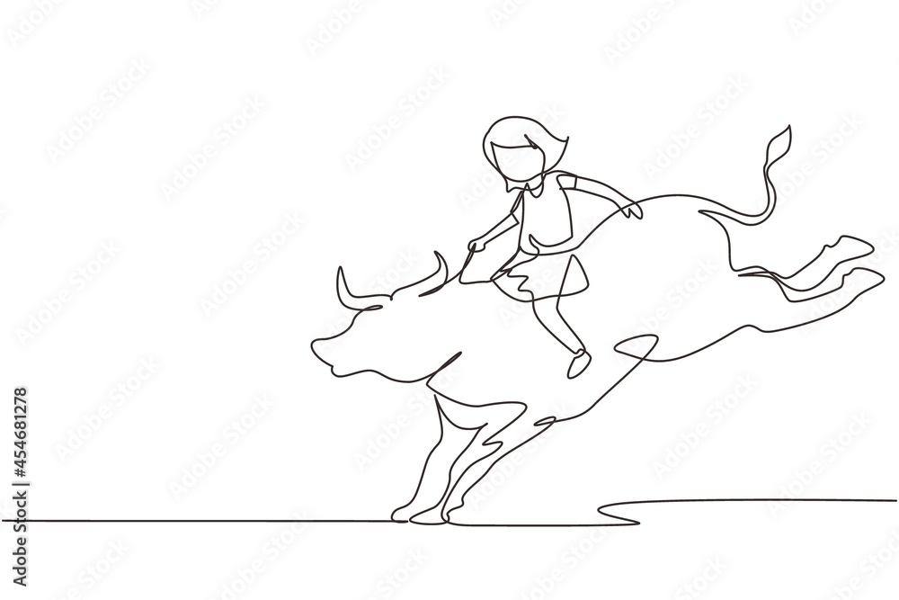 Continuous one line drawing happy cute kid girl riding bull. Child ...