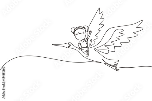 Single one line drawing happy little girl flying with stork. Child fly and sitting on back stork bird at sky. Kids learning to ride cute stork. Continuous line draw design graphic vector illustration