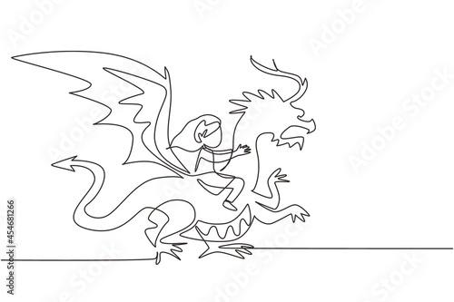 Single one line drawing happy little girl flying with fantasy dragon. Child fly and sitting on back dragon at the sky. Kids imaginary fairytale. Continuous line draw design graphic vector illustration