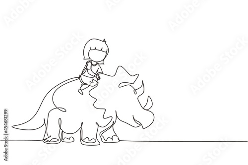 Continuous one line drawing little girl caveman riding triceratops. Young kid sitting on back of dinosaur. Stone age children. Ancient human life. Single line draw design vector graphic illustration