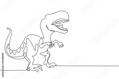 Single one line drawing tyrannosaurus rex. Roaring tyrannosaurus. Prehistoric carnivorous dinosaur. Extinct ancient animals. Animal history. Continuous line draw design graphic vector illustration