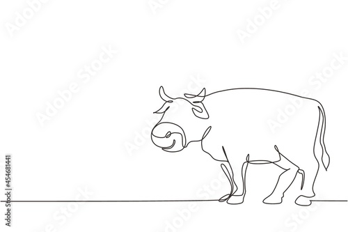 Single one line drawing fat cow for husbandry logo identity. Mammal animal mascot concept for livestock icon. Milk cow animal and beef meat. Continuous line draw design graphic vector illustration