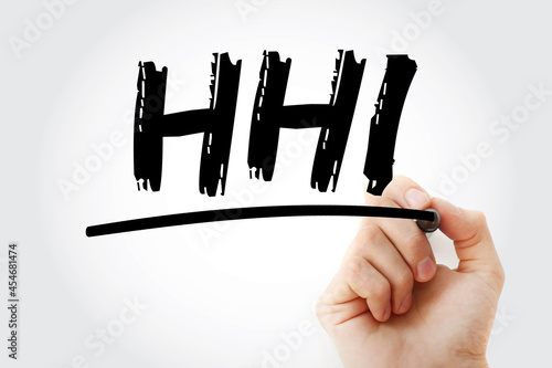 HHI - Herfindahl–Hirschman Index acronym with marker, business concept background