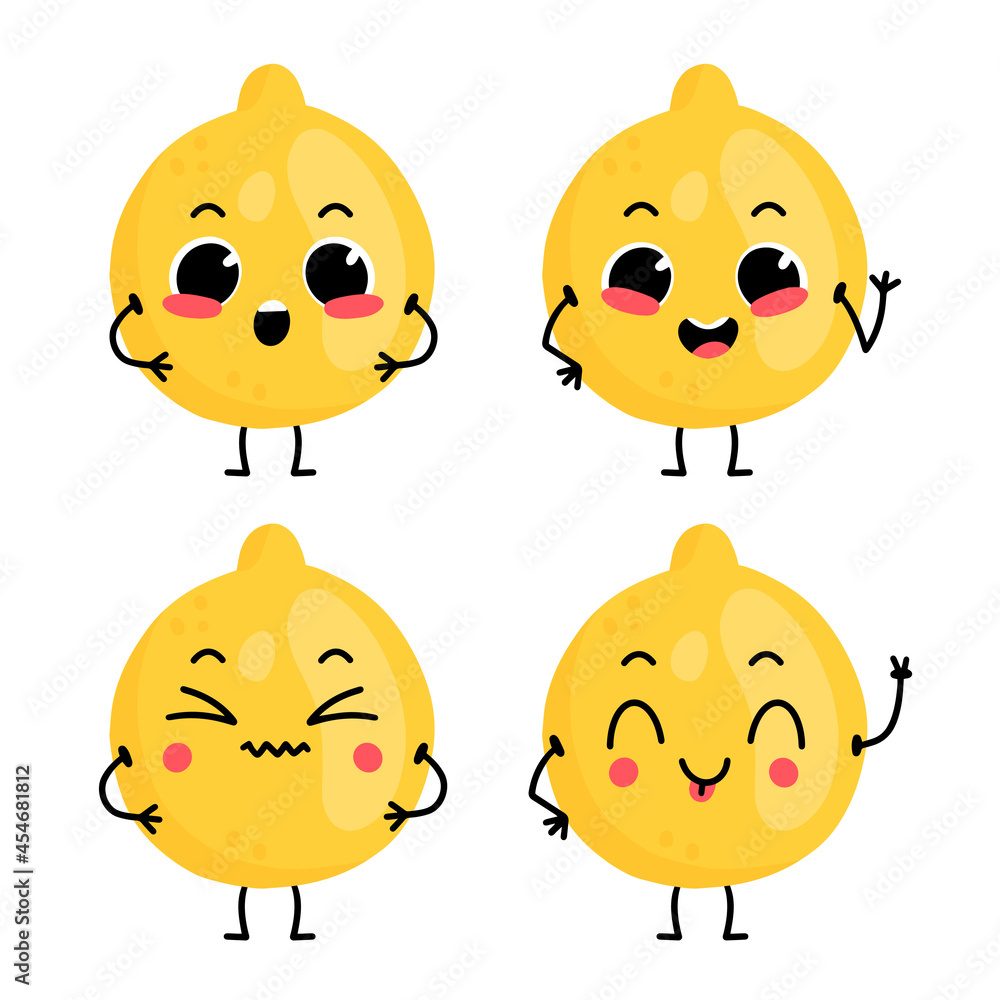 Set with cute cartoon lemon character with different emotions. Vector illustration. Set with cute cartoon lemon character with different emotions. Vector illustration.