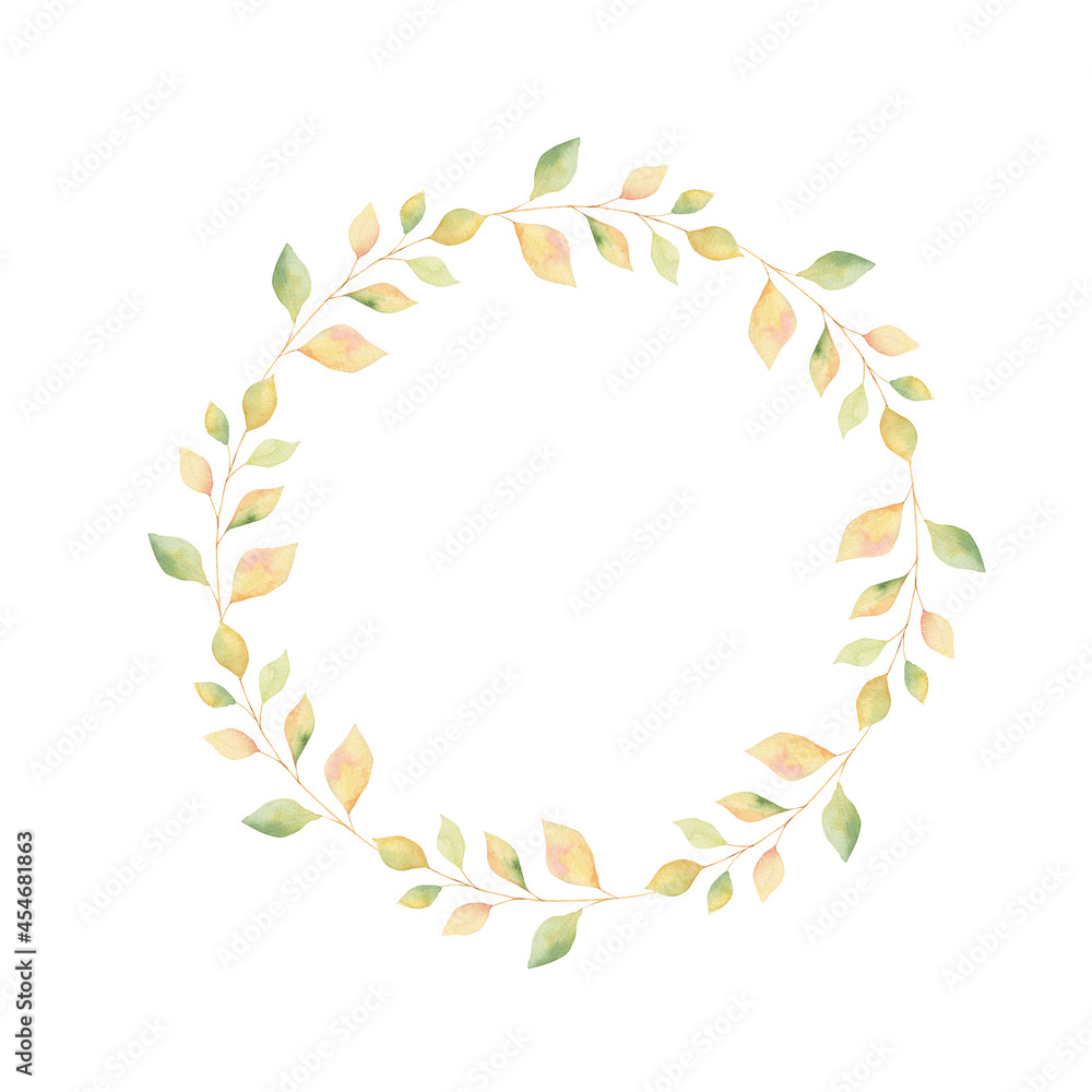 Watercolor autumn leaves hand-painted wreath isolated on white background. Perfect for greeting cards, invitations. Thanksgiving day card. 