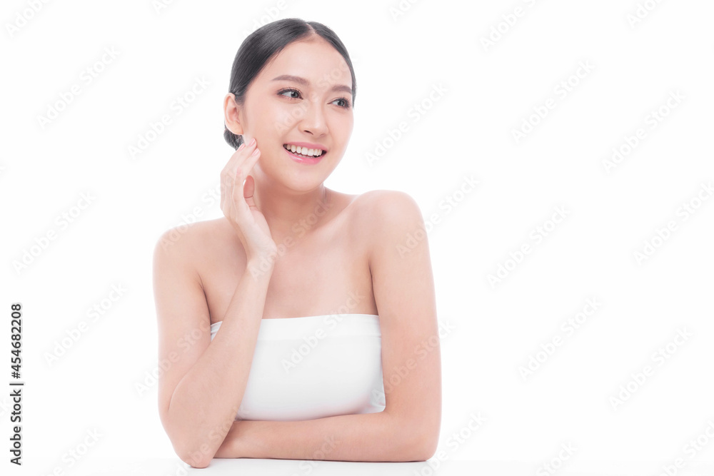 Beautiful young Asian woman with clean skin , Fresh skin , on white background - Facial treatment , Cosmetology , beauty and spa concept Beautiful young Asian woman with clean skin , Fresh skin , on white background - Facial treatment , Cosmetology , beauty and spa concept