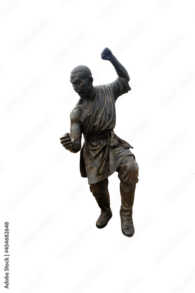 Metal statue of  Shaolin martial arts represented by temple's fighting monk. Shaolin Kung Fu isolated on white background with clipping path. 