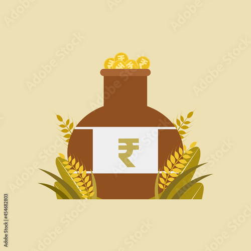 Indian rupee coins in a clay pot surrounded by wheat grains and leaves