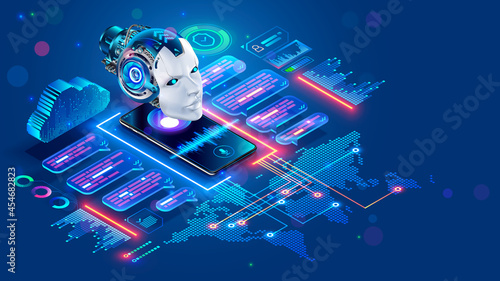 Chat bot with AI helping of users speakers of different languages. Online multilanguage support. App of Voice assistant on Phone. Robot on screen smartphone talk in messenger. Intelligence of chatbot