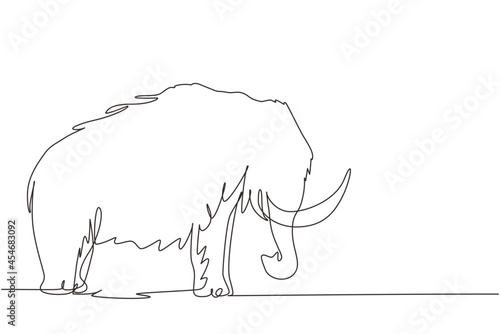 Single continuous line drawing big mammoth business logo identity. Prehistoric animal from ice age. Elephantidae, tusks, elephant species. Dynamic one line draw graphic design vector illustration