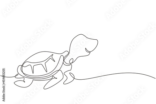 Single continuous line drawing turtle for marine company logo identity. Adorable creature reptile animal mascot concept for conservation foundation. One line draw graphic design vector illustration