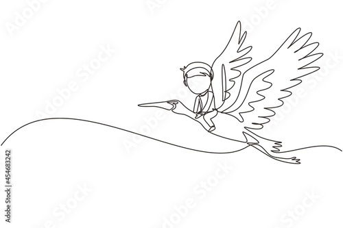 Single one line drawing happy little boy flying with stork. Child fly and sitting on back stork bird at sky. Kids learning to ride cute stork. Continuous line draw design graphic vector illustration