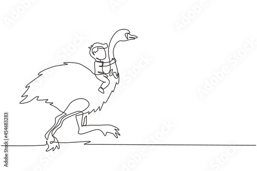 Single continuous line drawing happy little boy riding cute ostrich. Child sitting on back ostrich with holding its neck. Kid learning to ride ostrich. One line draw graphic design vector illustration