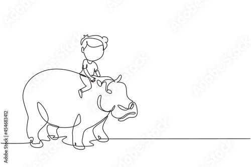 Single continuous line drawing happy little boy riding hippo. Child sitting on back hippopotamus in zoo. Kids learning to ride hippopotamus. Dynamic one line draw graphic design vector illustration