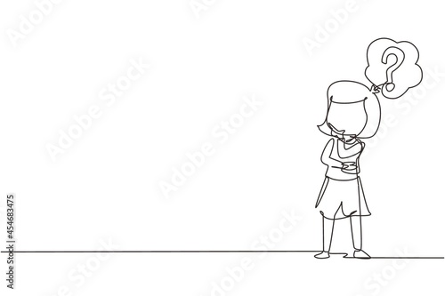 Single continuous line drawing cute girl thinking. Kids think creative idea. Bubble with question mark sign. Concept of learning and growing children. One line draw graphic design vector illustration photo