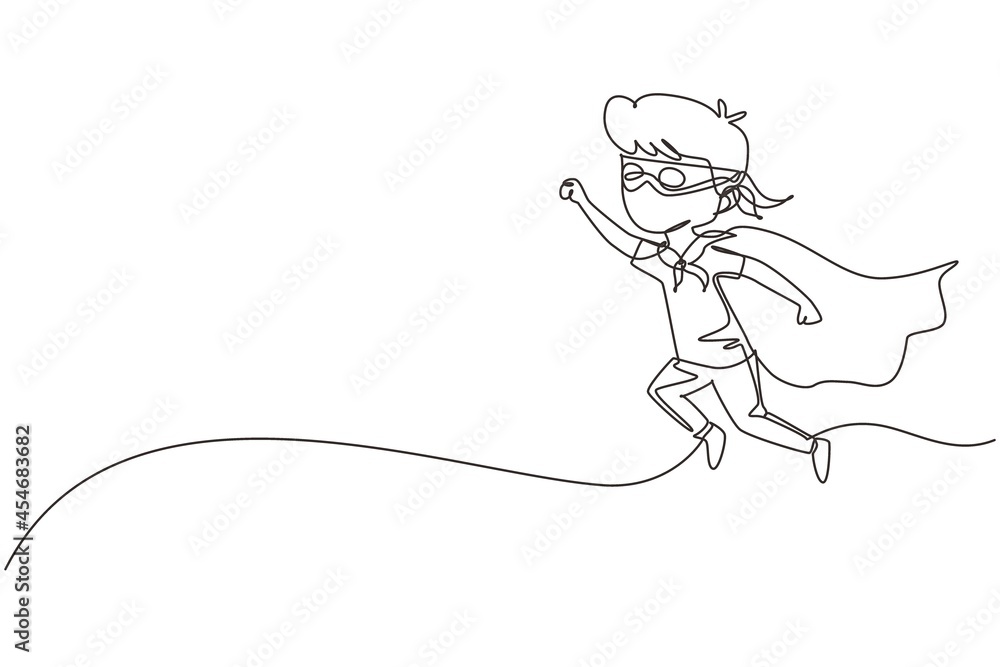 Single continuous line drawing boy flies through air in super hero pose with outstretched hand. Kid in super hero costume with mask on his face and cloak tied around neck. One line draw graphic design Single continuous line drawing boy flies through air in super hero pose with outstretched hand. Kid in super hero costume with mask on his face and cloak tied around neck. One line draw graphic design