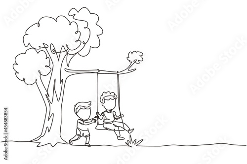 Single continuous line drawing happy two boys playing on tree swing. Cheerful kids on swinging under a tree. Children playing at playground. Dynamic one line draw graphic design vector illustration