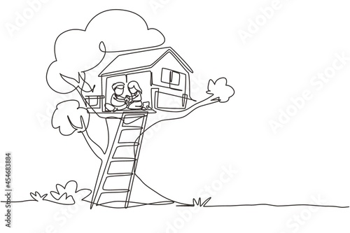 Single continuous line drawing child on tree house, little boy and girl playing on children playground, treehouse with wooden ladder, place for kids games on summer. One line graphic design vector