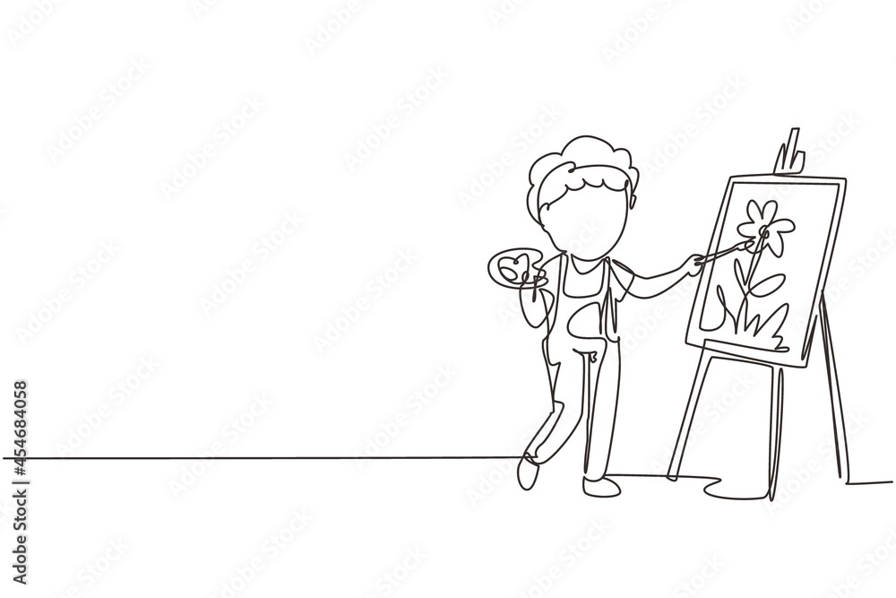 Single continuous line drawing happy cute little kid boy draw on canvas. Happy child painting on easel. Smiling boy with brush and paints. Dynamic one line draw graphic design vector illustration