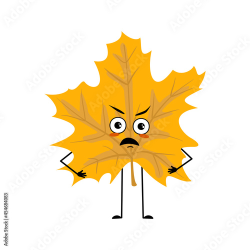 Maple leaf character with angry emotions, grumpy face, furious eyes, arms and legs. Forest plant in autumn yellow colour