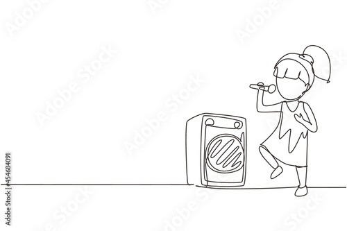 Continuous one line drawing happy cute little kid girl sing a song. Good performance and talent on stage. Beautiful melodic singing of children. Single line draw design vector graphic illustration